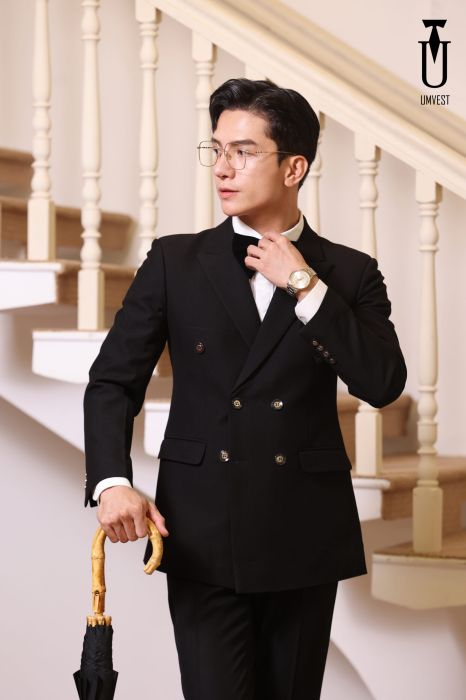 Bộ vest nam màu đen kiểu 6 cúc form ôm body tặng cà vạt nơ | Shopee Việt Nam
