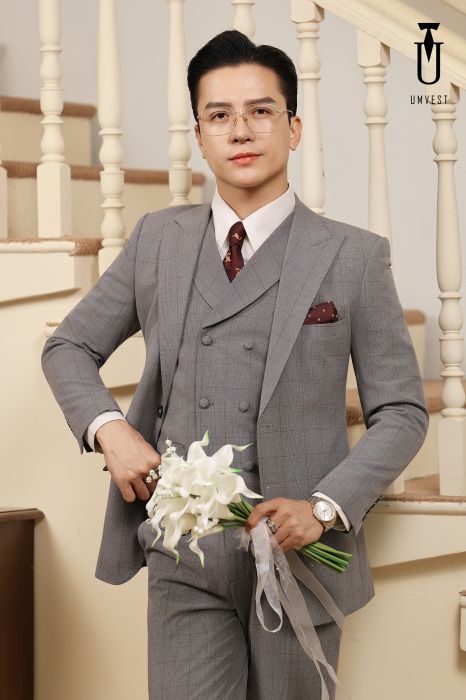 VEST CHÚ RỂ XÁM NHẠT CARO