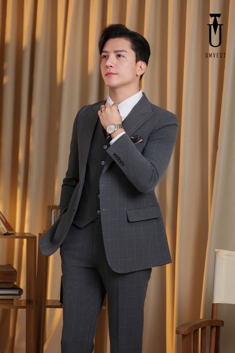 ÁO VEST NAM MÀU CARO XÁM GIÃN