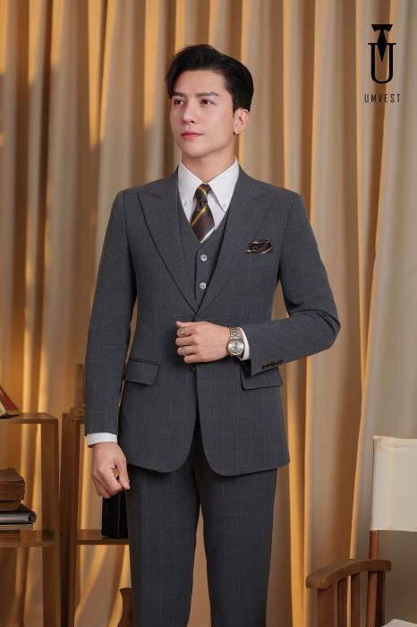 ÁO VEST NAM MÀU CARO XÁM GIÃN