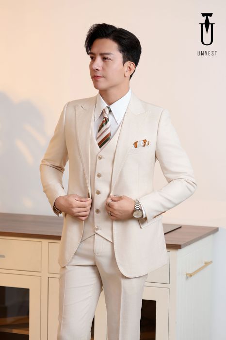 ÁO VEST NAM MÀU KEM XƯỚC MỎNG